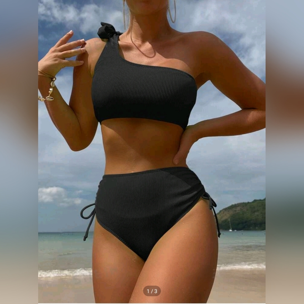 Plain Rib One Shoulder Bikini Swimsuit